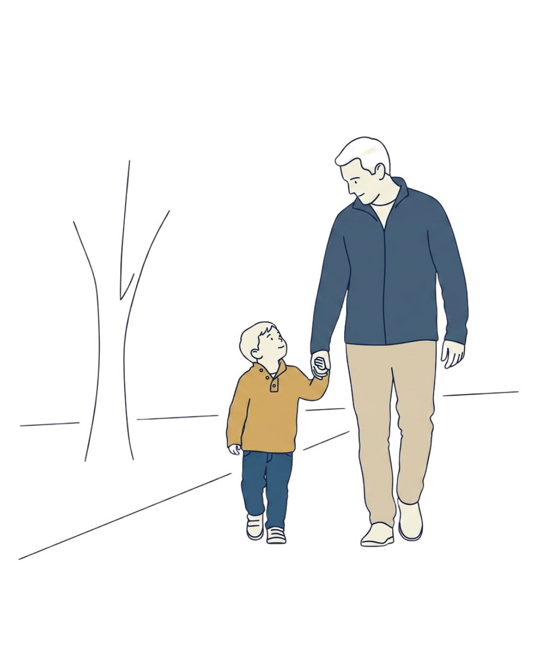 A father walking with his young son along a quiet path