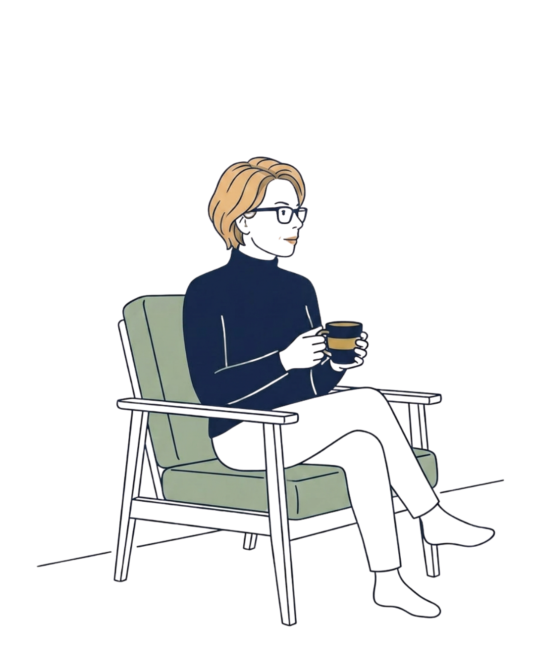 A portrait of Anastasia, seated with a cup of tea