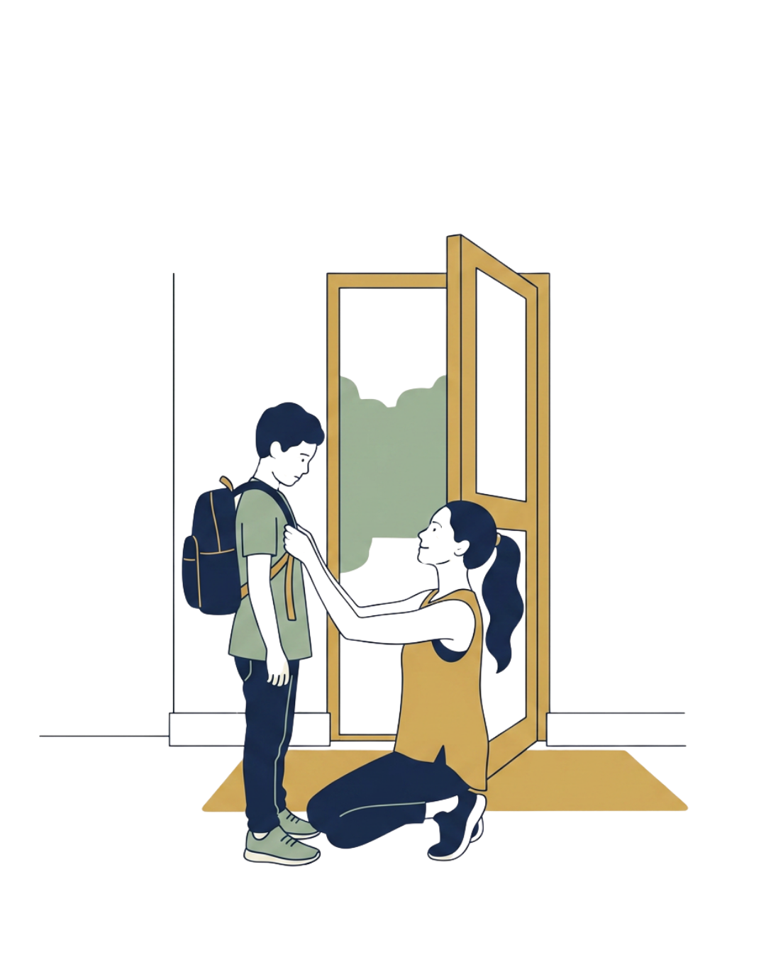 A mother kneeling to adjust her child's backpack at the front door